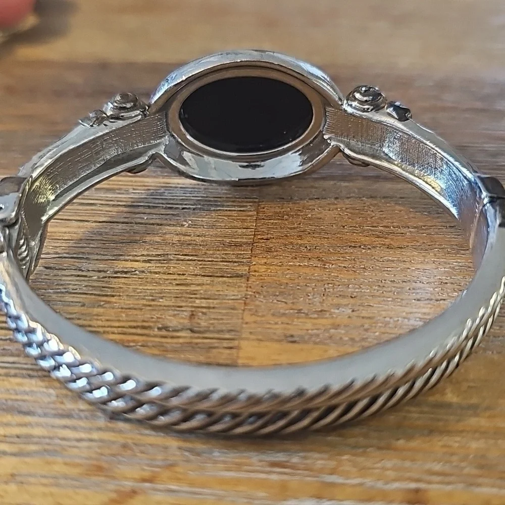Gold and Silver Tone with BLack Onyx Rope Design Bangle Bracelet